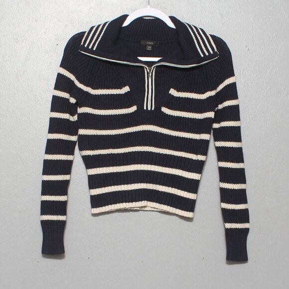J crew Cotton-cashmere pullover in stripe navy white quarter zip sweater - Picture 1 of 8